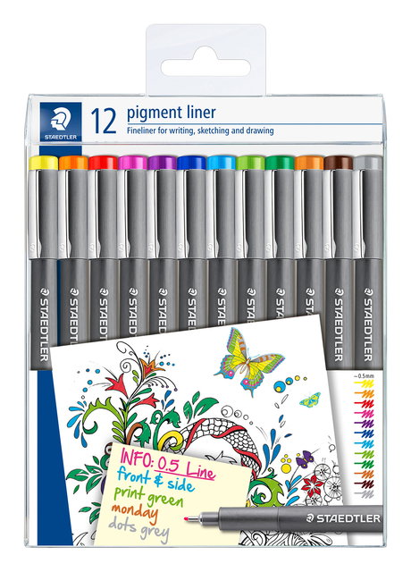 Staedtler 308 02-9 Pigment Liner Fineliner - Penna a punta fine da 0,2 mm, inchiostro nero, confezione da 6